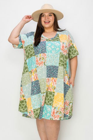 42 PSS {Come Back Home} Green Patchwork Floral Print Dress EXTENDED PLUS SIZE 4X 5X 6X