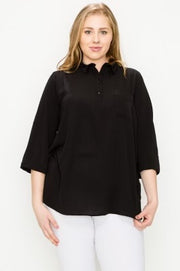 67 SQ {Down To Business} Black Button Up Collared Top w Pocket PLUS SIZE 1X 2X 3X