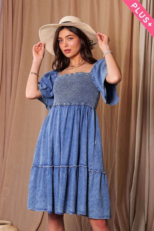 100 SSS {Pure Charm} Denim Smocked A-Line Dress PLUS SIZE 1X 2X 3X  Curvy  Boutique Plus Size Clothing