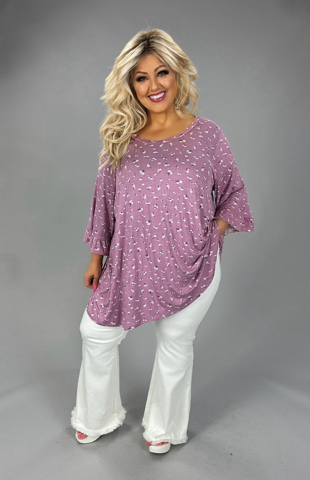 100 PQ {Charming Beauty} Mauve Floral Ruffle Sleeve Top EXTENDED PLUS SIZE 2X 3X 4X  TRUE TO SIZE!!