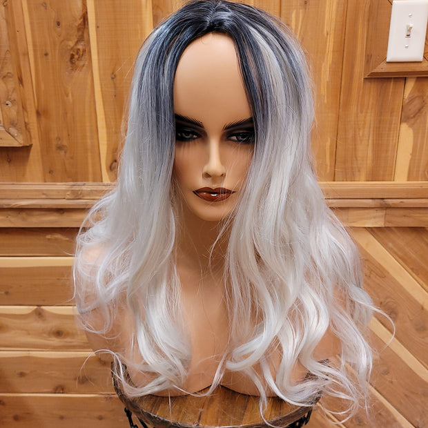 {Edith} Light Grey Black Rooted Long Curl Wig