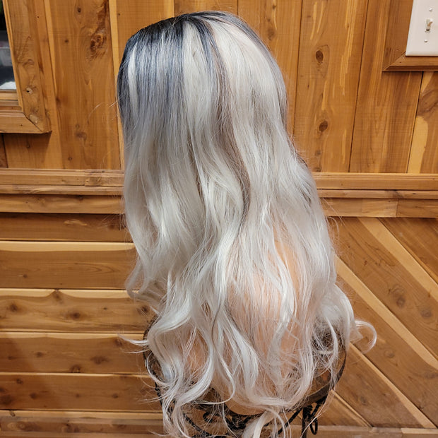 {Edith} Light Grey Black Rooted Long Curl Wig