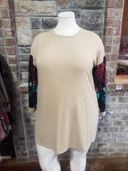 CP-O {My Best Mood} Tan Teal Red Print Sleeve Knit Top PLUS SIZE XL 2X 3X