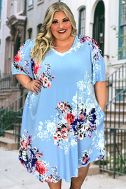 67 PSS-Q {Above The Clouds} Sky Blue Floral V-Neck Dress SALE!!!  EXTENDED PLUS SIZES 3X 4X 5X