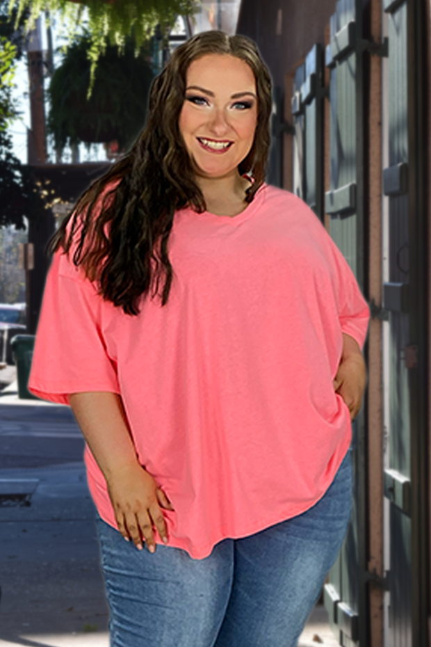 46 SSS-C {Charm Me} Coral Pink Oversized V-Neck Top PLUS SIZE 1X 2X 3X