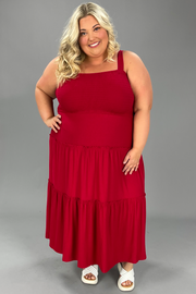LD-V {Decide The Vibe} Dk Red Smocked Tiered Sundress PLUS SIZE 1X 2X 3X