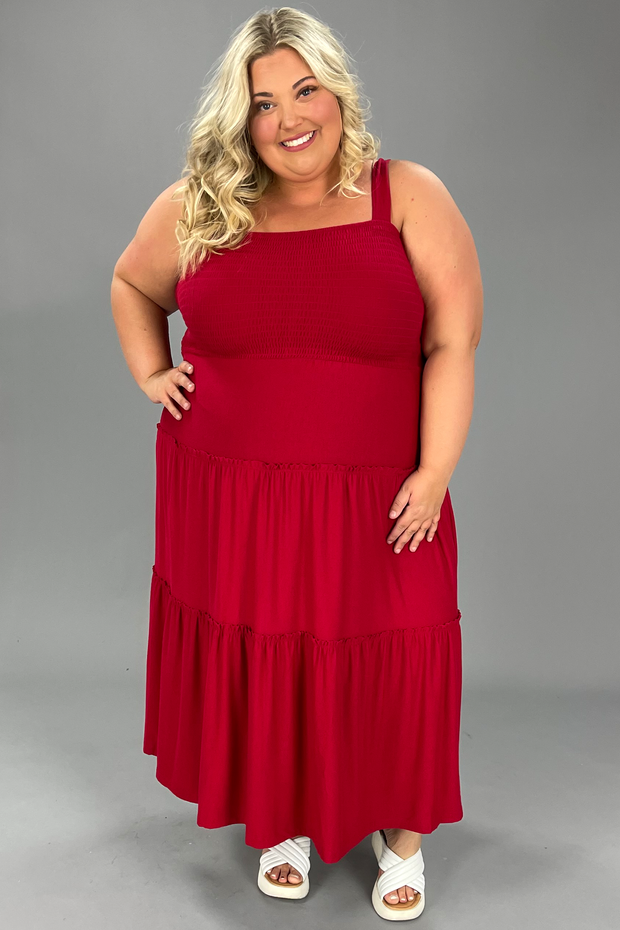LD-V {Decide The Vibe} Dk Red Smocked Tiered Sundress PLUS SIZE 1X 2X 3X