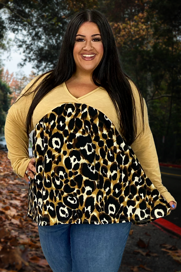 36 CP-A {Distracted By You} Camel/Leopard Print Top PLUS SIZE 1X 2X 3X