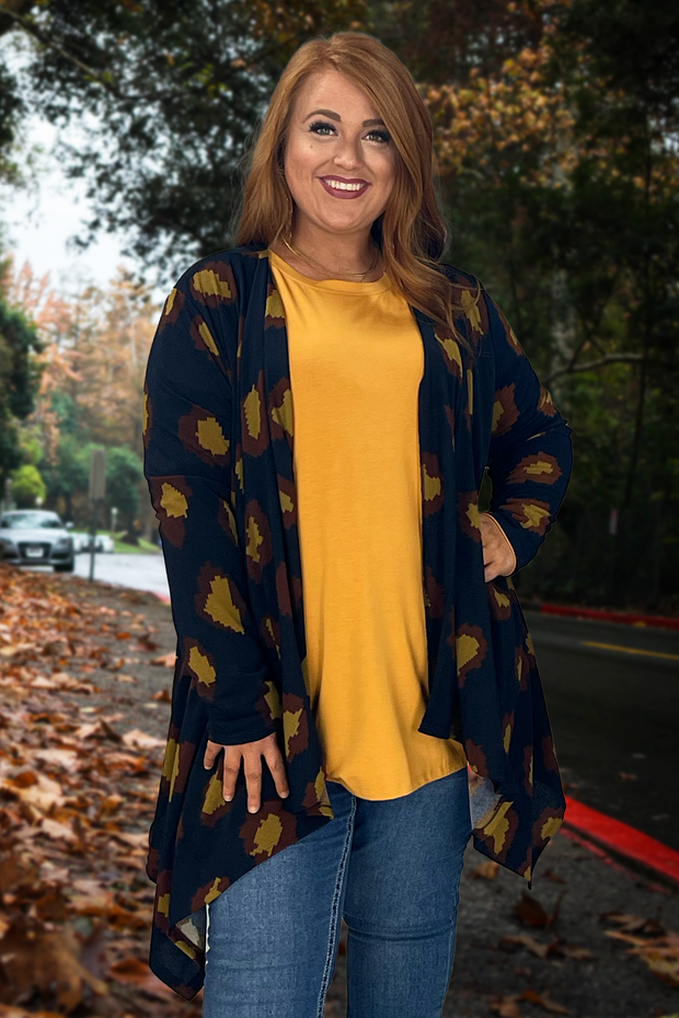 OT-A {Far From Over} Navy Camel Printed  Cardigan PLUS SIZE XL 2X 3X