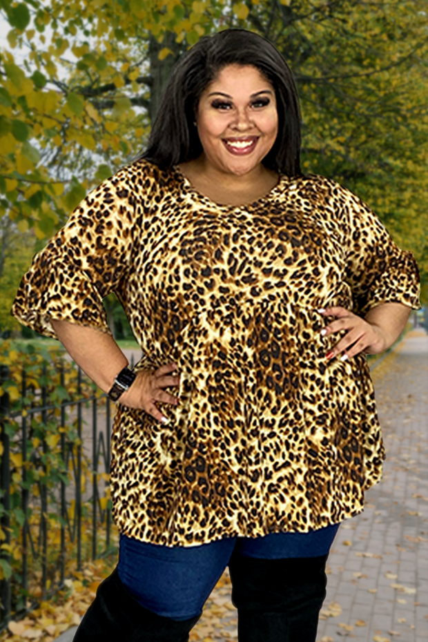 31 PQ-G {Free Yourself} Brown Leopard Print Babydoll Top EXTENDED PLUS SIZE 3X 4X 5X