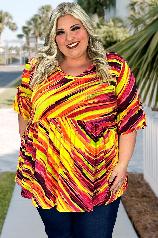 52 PQ-A {Hotter Than The Sun} Yellow Print V-Neck Babydoll Top EXTENDED PLUS SIZE 3X 4X 5X