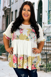46 CP-A {How About It} Ivory Floral Print Tiered Top PLUS SIZE XL 2X 3X