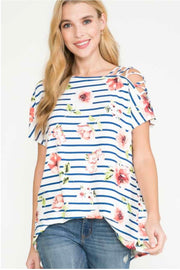 63 OS-A {Sweet Remarks}  SALE!! Off-Shoulder Floral Striped Top PLUS SIZE XL 2X 3X