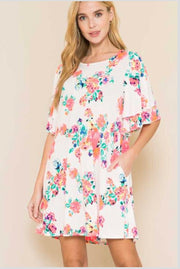 63 PSS-B {Blissful Moments} Ivory/Neon Pink Floral Dress PLUS SIZE XL 2X 3X