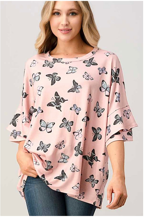 62 PSS-A {Butterfly Frenzy} Blush Pink Printed Top PLUS SIZE XL 2X 3X