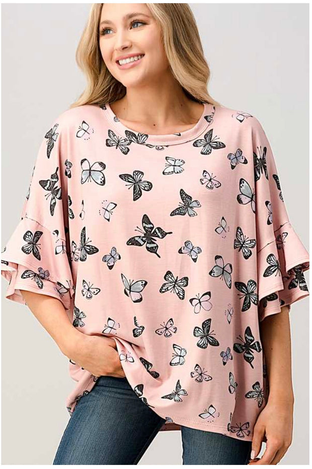62 PSS-A {Butterfly Frenzy} Blush Pink Printed Top PLUS SIZE XL 2X 3X