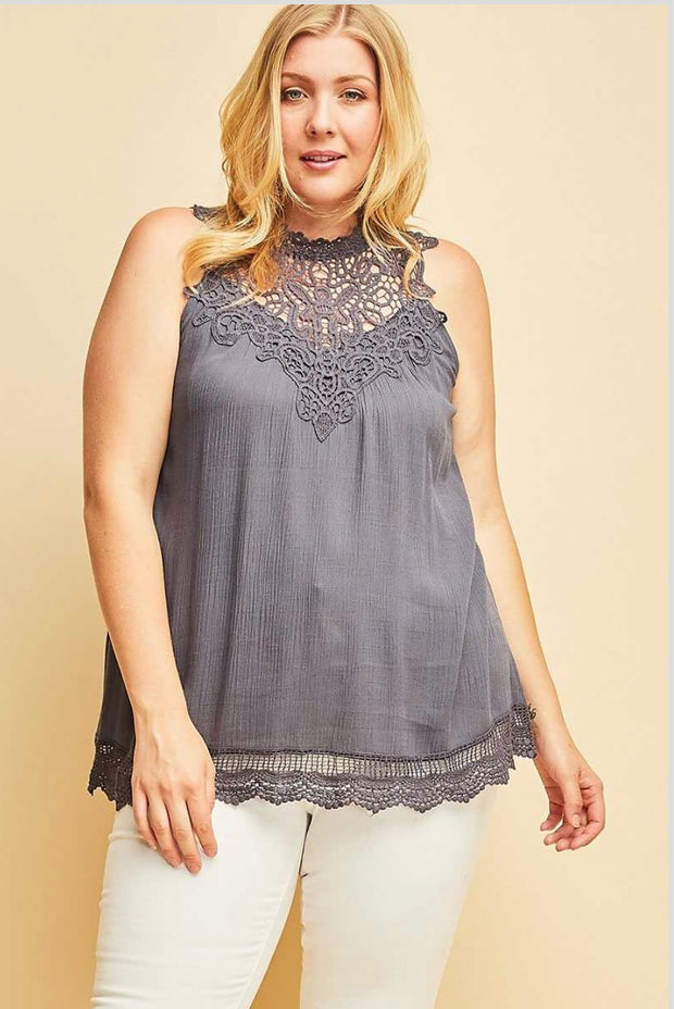 SV-M {Perfect View} Slate Sleeveless Top with Crochet Detail