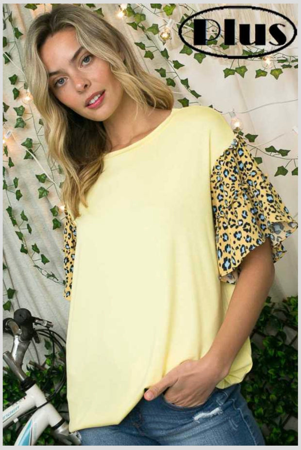 63 PSS-A {Lovely Leopard} Yellow Top w Leopard Sleeves PLUS SIZE XL 2X 3X