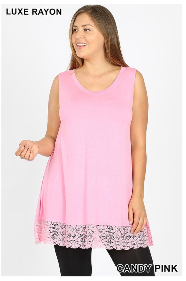 SV-A (Right For You) Candy Pink Sleeveless Tunic With Lace Hem PLUS SIZE 1X 2X 3X