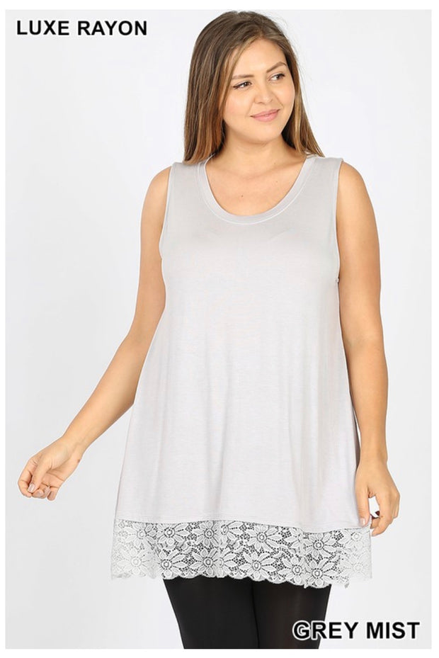 SV-B (Right For You) Grey Mist Sleeveless Tunic With Lace Hem PLUS SIZE 1X 2X 3X