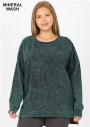PLS-G {Take It Easy} Top Forest Green Mineral Wash Crew Neck
