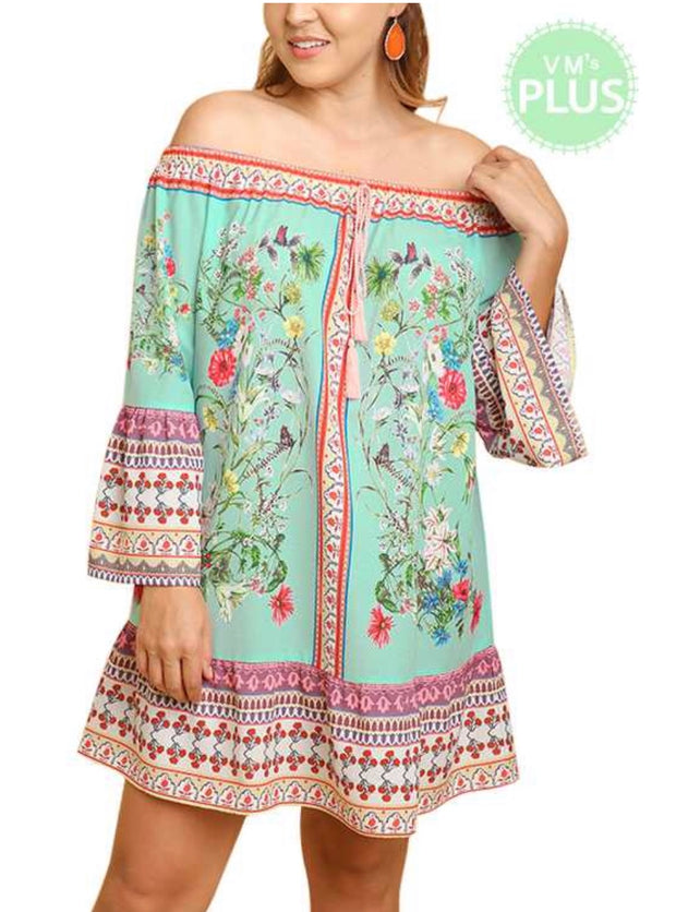 OS-Y {Shabby Chic} "UMGEE" Aqua Floral Border Print Dress