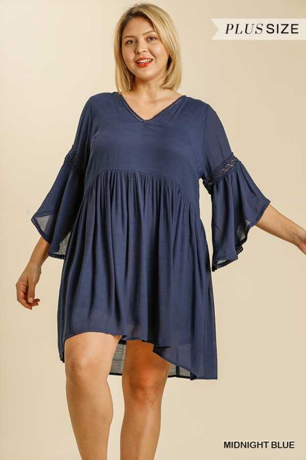 64 SQ-D {Let The Trumpet Play} "UMGEE" Midnight NAVY BLUE Dress with Trumpet Sleeves PLUS SIZE XL 1XL 2XL