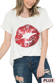 65 GT-K {Kiss Me Please} White Graphic Tee with Sequined Lips PLUS SIZE 1X 2X 3X