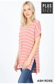 PSS-H {9 to 5 Girl} Ash Rose Striped Hi-Lo Top with V-Neck
