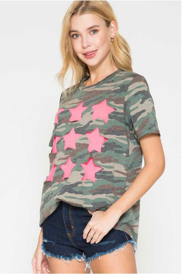 65 CP-V {Wild Times Ahead} Camo Top with Neon Pink Stars PLUS SIZE 1X 2X 3X