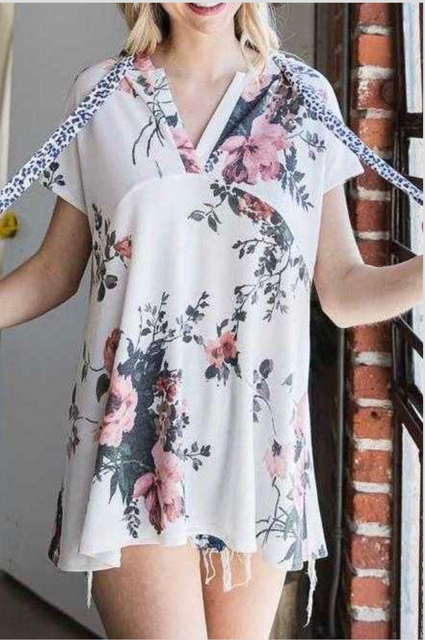 66 CP-O {It's Your Time} Floral Babydoll Top with Hood PLUS SIZE 1X 2X 3X