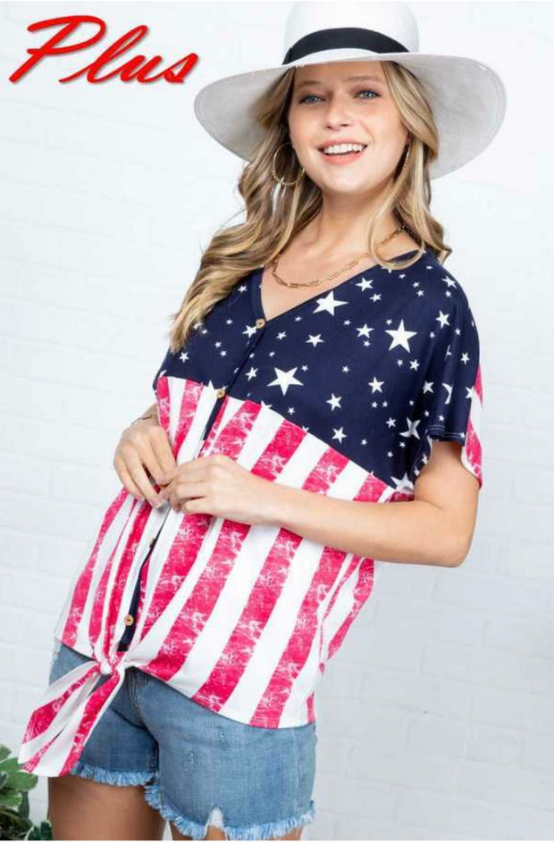 66 CP-I {Betsy Ross Inspired} U.S. Flag Print Top PLUS SIZE 1X 2X 3X