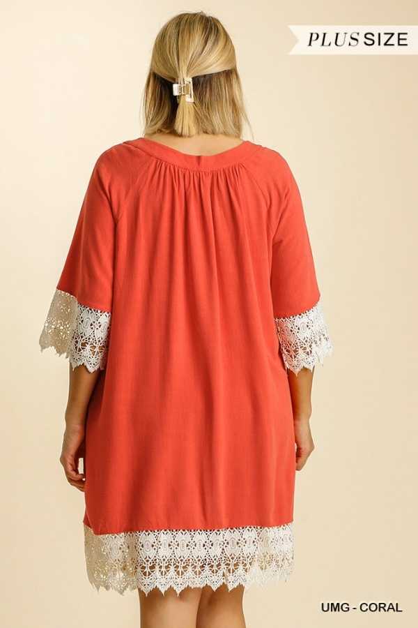 66 SD-N {Rely On You} "UMGEE" Orange Dress Crochet Detail PLUS SIZE XL, 1XL, 2XL