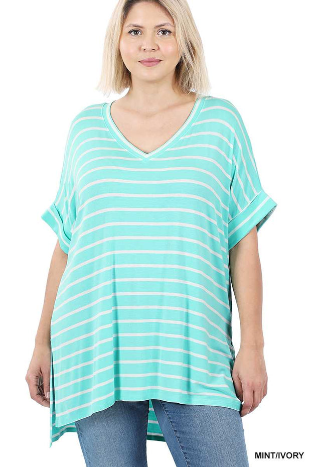 63 PSS-E {Good Energy} Mint Striped Top Cuffed Sleeves PLUS SIZE XL 2X 3X