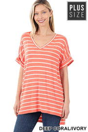 63 PSS-F {Good Energy} Coral Striped Top Cuffed Sleeves PLUS SIZE XL 2X 3X