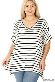 63 PSS-C {Good Energy} White Striped Top Cuffed Sleeves PLUS SIZE XL 2X 3X