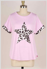 63 CP-H {You're A Star} Pink Top with Leopard Star PLUS SIZE XL 2X 3X