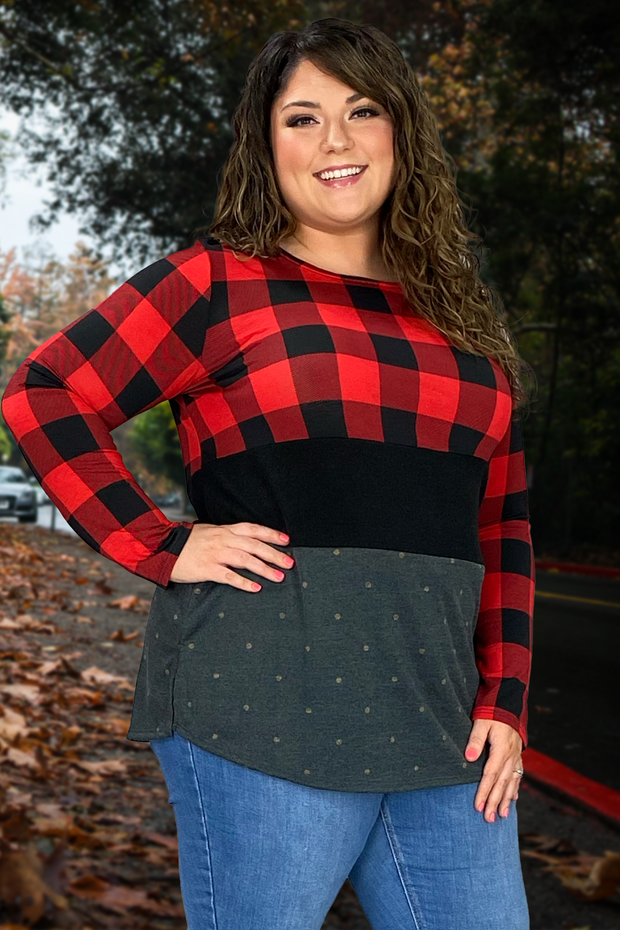 CP-M {Just A Matter Of Time} Red Plaid Contrast Top PLUS SIZE XL 2X 3X