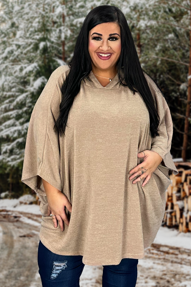 49 HD-A {Keep The Watch} Taupe Oversize Knit Top w/Hood PLUS SIZE XL 2X 3X