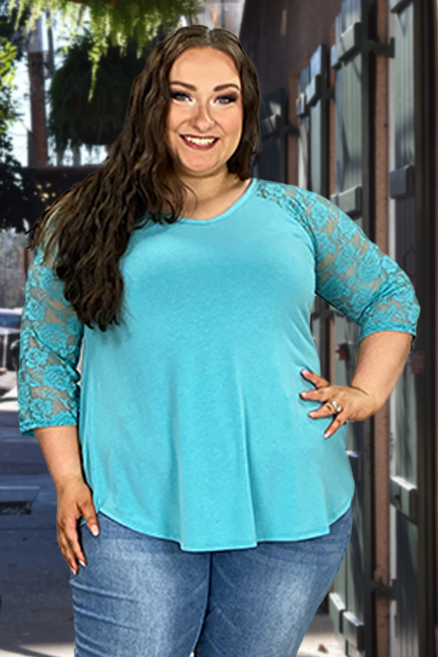 56 SQ-O {Lacey Faith} Dusty Teal Tunic w Lace Sleeves PLUS SIZE XL 2X 3X