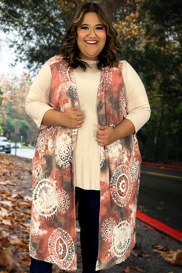 87 OT-T {Laughter And Love} Rust Print Long Vest W/Pockets EXTENDED PLUS SIZE 4X 5X 6X