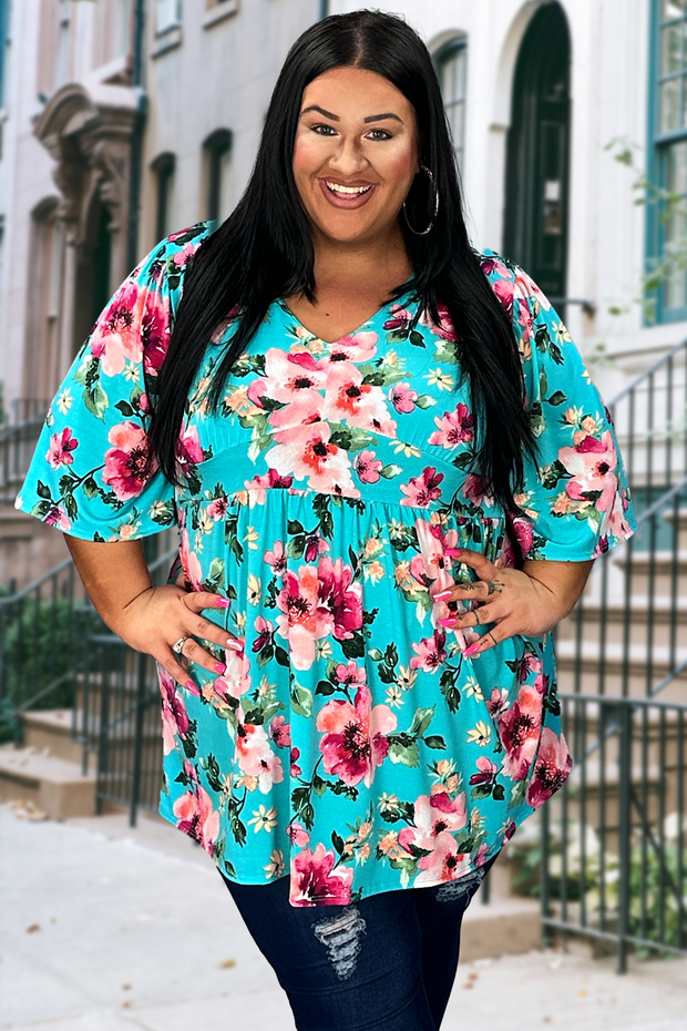 98 PSS-A {Living On Love} Turquoise Floral Print Top PLUS SIZE 1X 2X 3X