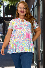 74 PSS-C {Luxe Valley} Yellow/Pink/Blue Tiered Top PLUS SIZES 1X 2X 3X