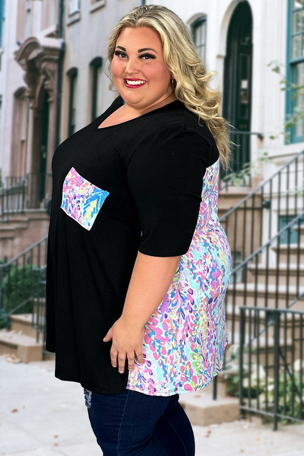 86 CP-C {Once Upon A Pocket} Black/Multi Floral Tunic EXTENDED PLUS SIZE 3X 4X 5X