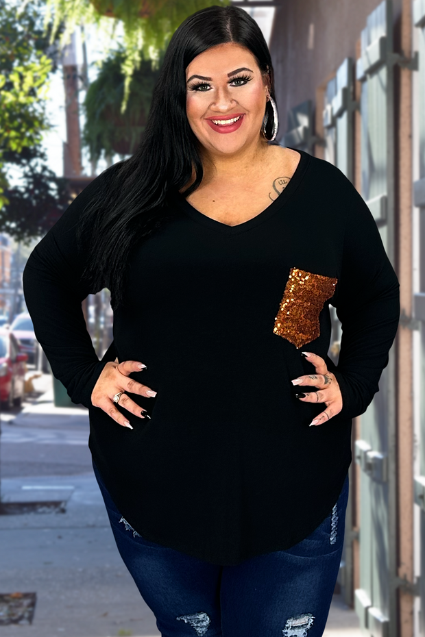 91 SD-A {Perfect Vision} Black V-Neck Top w/Sequined Pocket PLUS SIZE 1X 2X 3X
