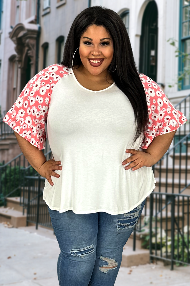 11 CP-B {Besties} Ivory/Coral Floral V-Neck Top PLUS SIZE 1X 2X 3X