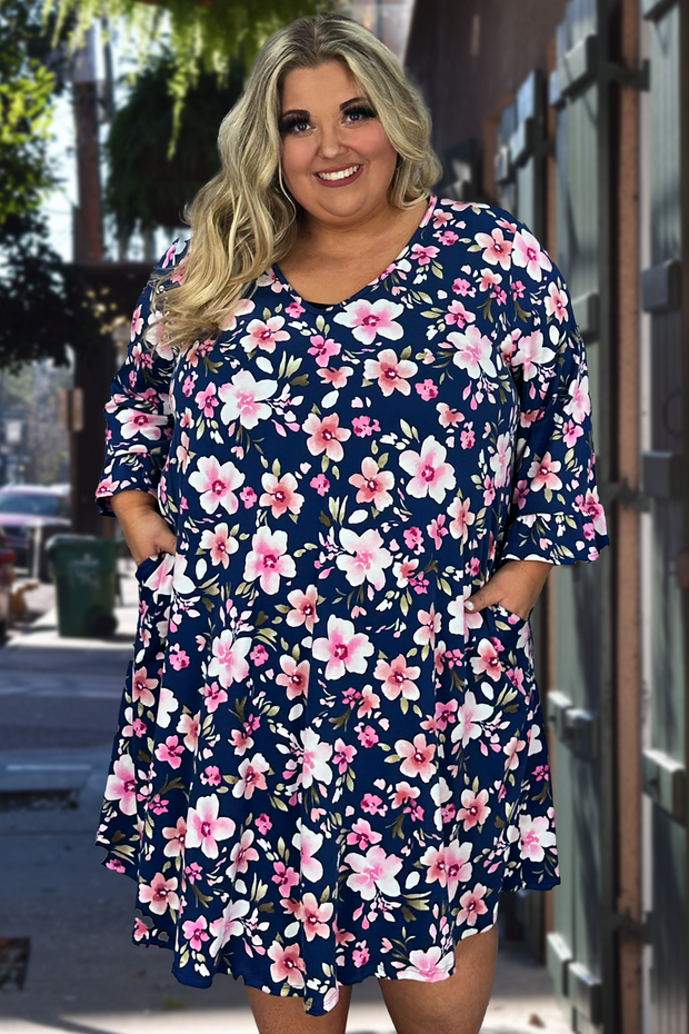 22 PQ-C {Pride And Joy} Navy/Pink Floral V-Neck Dress CURVY BRAND!!!  EXTENDED PLUS SIZE 4X 5X 6X