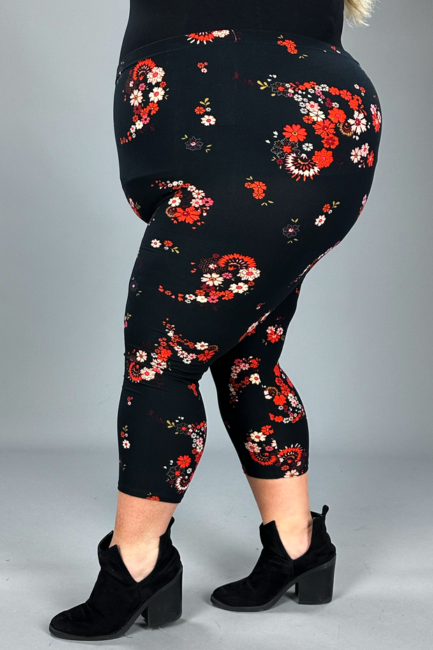 LEG-44 {Seeing Red} Red Floral Printed Butter Soft Capri Leggings EXTENDED PLUS SIZE 3X/5X