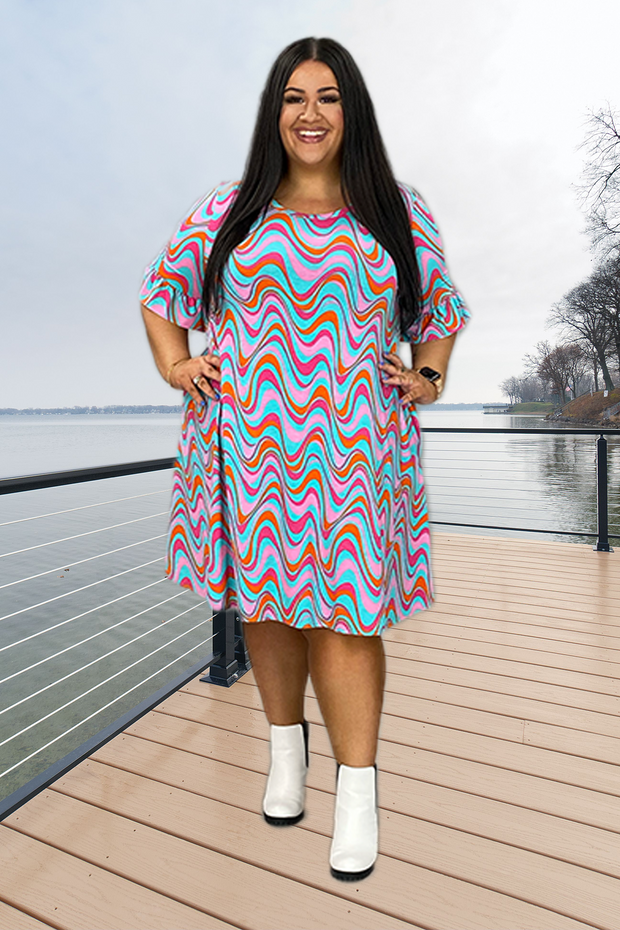 87 PSS-E {Seventies Inspired} Multi-Color Ruffle Sleeve Dress PLUS SIZE 1X 2X 3X