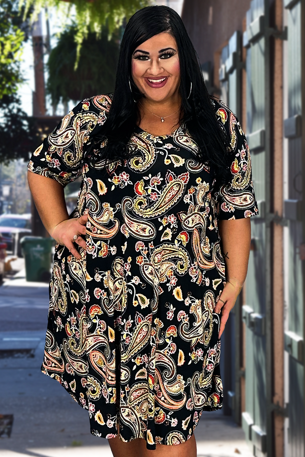 53 PSS-Z {Small Changes} Black Paisley Print V-Neck Dress EXTENDED PLUS SIZE 3X 4X 5X